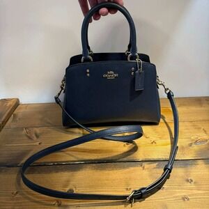 Coach Mini Lillie Carryall Midnight Navy Leather Satchel Crossbody Bag Gold Tone